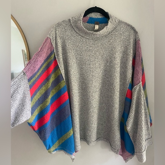 Free People Gray Sweater with Multicolor Sleeves - Picture 2 of 4